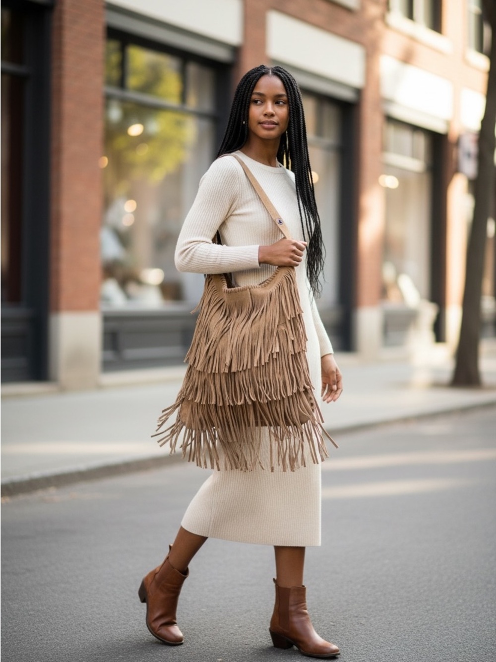 Muxo Fringe Hobo Shoulder Bag - Tan